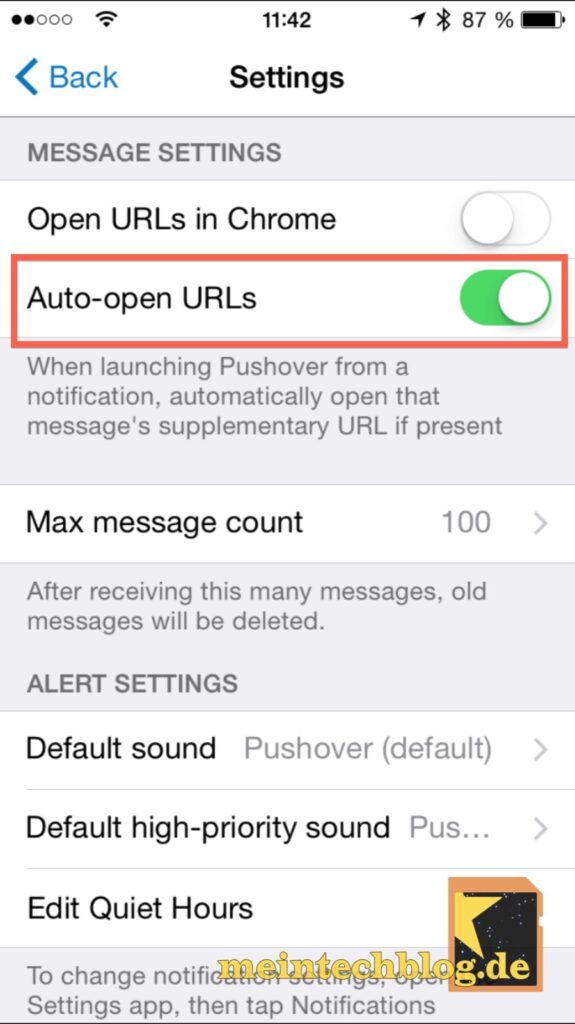 Pushover-App Settings Auto-open URLs
