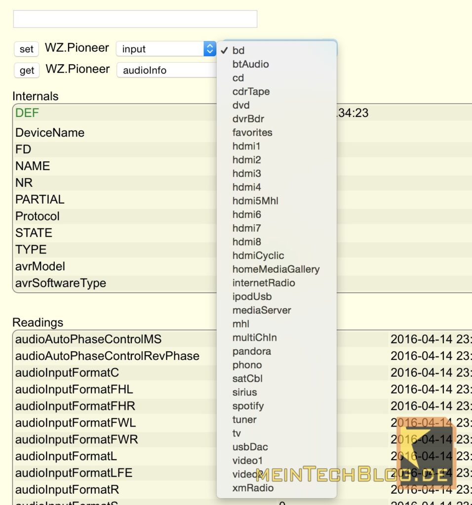 FHEM set WZ.Pioneer input bd